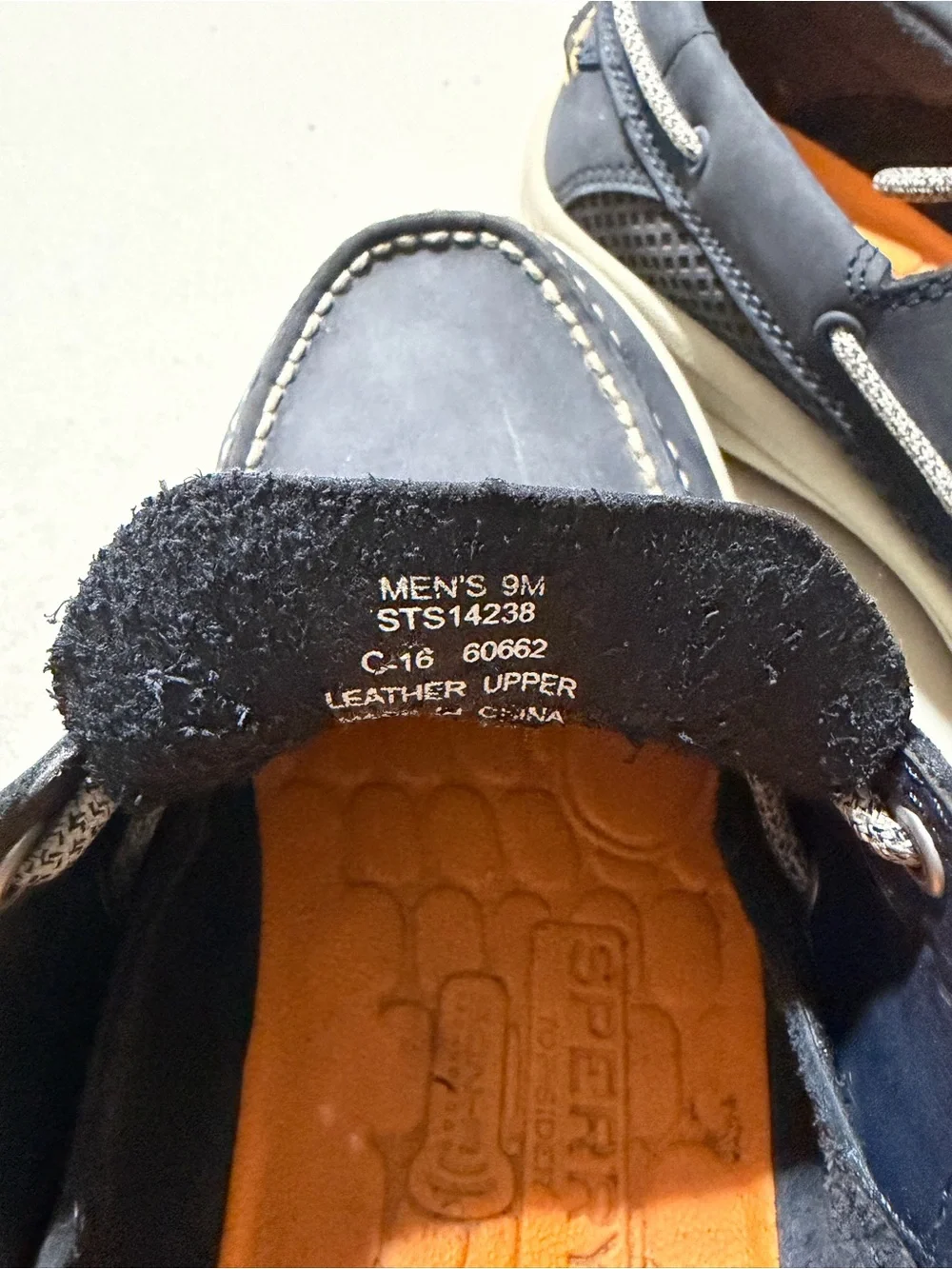 Sperry Navy Boat Shoes with Gray Braided Laces and Orange Insoles